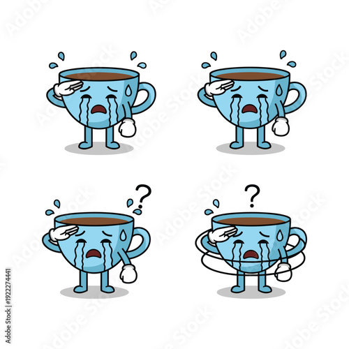 Cartoon coffee cup expressing different emotions with tears and question marks