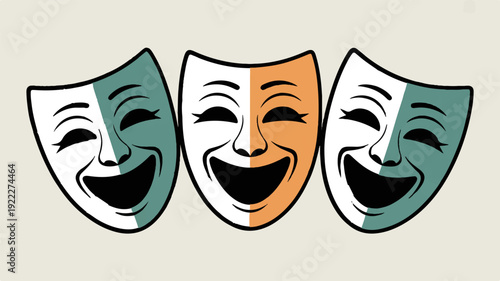 Theatrical comedy and tragedy masks in green white and orange on beige background smiling and winking symbolizing drama and performance
