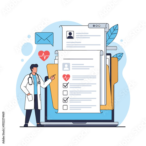 Male doctor in a white coat points towards digital medical records and health check-up documents displayed on a large laptop screen.