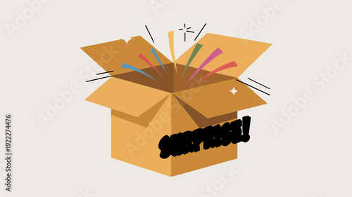 Brown cardboard box with colorful items bursting out symbolizing surprise and excitement in delivery or unboxing