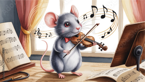 A gray mouse wearing a red bow tie plays a violin with musical notes floating around it in a room with a window books and sheet music