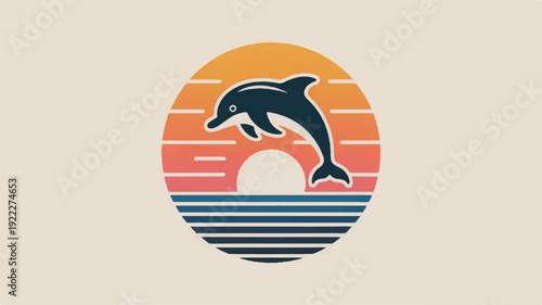 Dolphin jumping out of water against vibrant sunset background with horizontal stripes and gradient colors