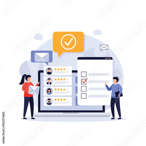 Reviewers evaluate service quality on a laptop screen that shows customer profiles with star ratings and a completed digital checklist.