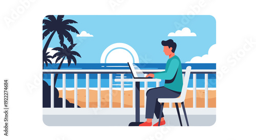 Man working remotely on a laptop by the beach with a scenic ocean view, enjoying a digital nomad lifestyle