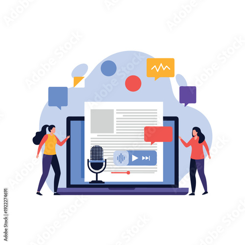 Two women standing by a laptop screen displaying a blog post and audio podcast tools with a microphone and audio playback icons.