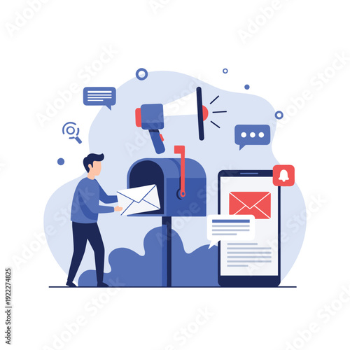 Person drops a letter into a traditional mailbox while a nearby smartphone displays digital emails under a loud blue megaphone.