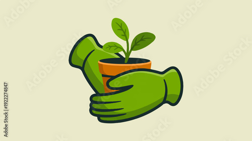 Green hand holding small potted plant with two leaves symbolizing growth and care in a natural setting