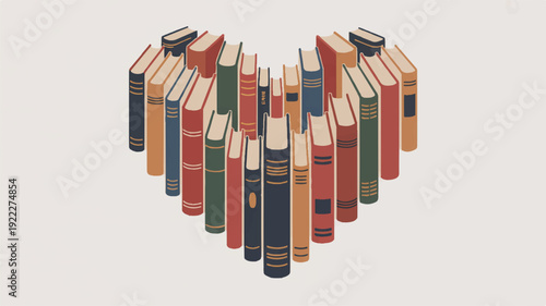 Colorful book spines form heart shape on plain background symbolizing love for reading and literature