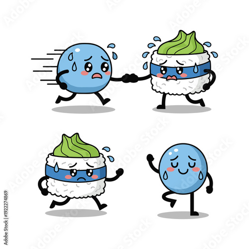 Cartoon blue circle character transforming into sushi with emotions