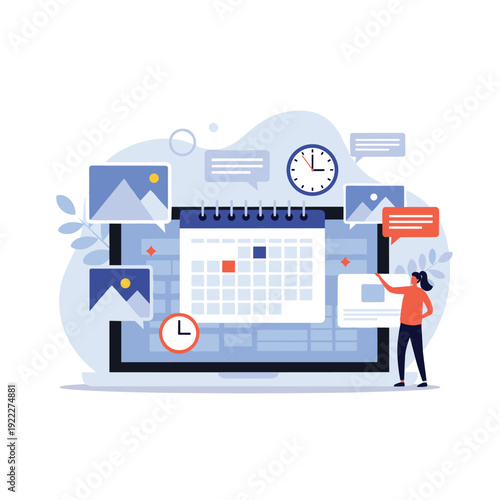 Planning specialist points to a digital calendar on a laptop screen surrounded by image icons and clocks for time management.