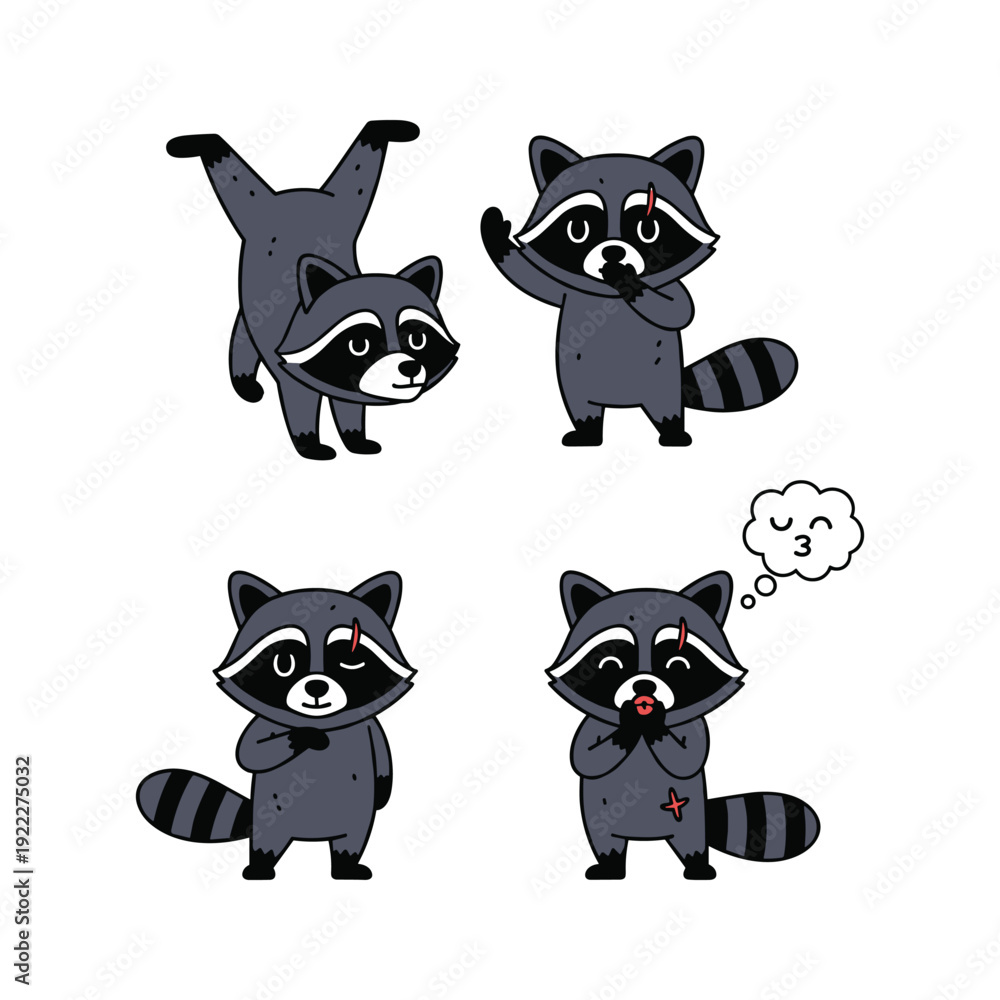 Obraz premium Cartoon raccoons showing emotions and actions on white background