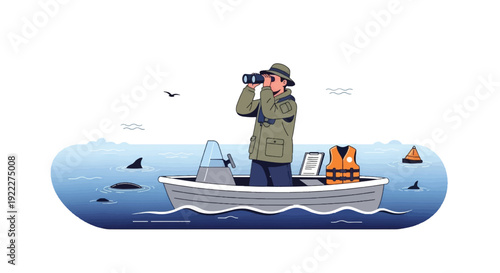 Marine Scientist Monitoring Ocean Wildlife from Small Research Boat