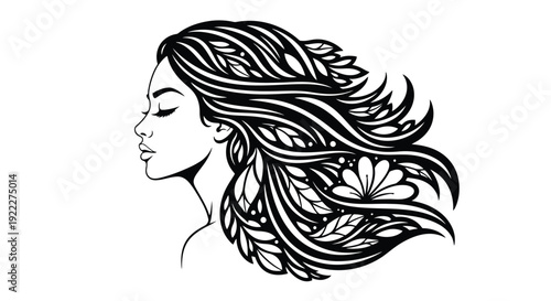 Elegant Woman Profile with Floral Hair Illustration.