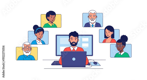 Diverse team collaborating remotely on a laptop, virtual meeting, and online communication