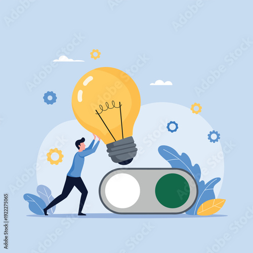 Motivated worker pushes a massive glowing light bulb toward a large toggle switch to activate a new idea or power up a project.