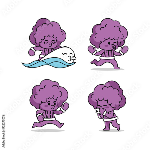 Cartoon broccoli character exercising in different poses with copy space