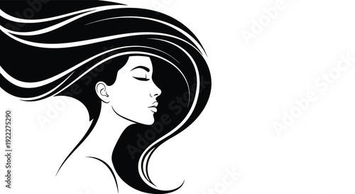 Elegant Woman Profile with Flowing Black Hair Silhouette.