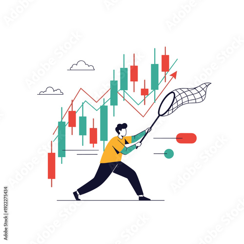 Man trying to catch a moving financial candlestick chart using a net while running on a white background for trading.