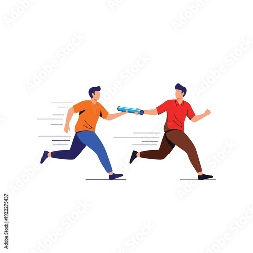 Two runners in casual wear passing a blue baton in a relay race representing teamwork and seamless business transition.