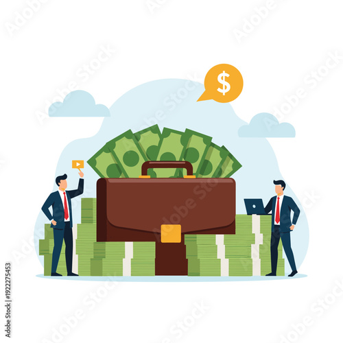 Two businessmen in suits standing next to a large brown briefcase filled with cash and stacks of green dollar bills.