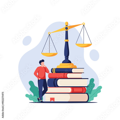 Man in orange shirt contemplating while leaning against a large scale balanced on a tall stack of colorful books.