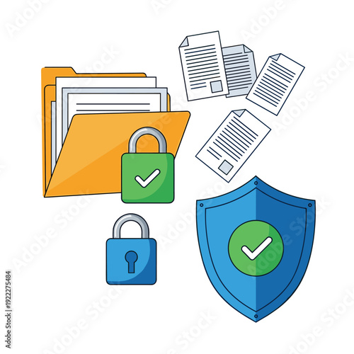 Secure file folder with a green lock next to a blue shield with a checkmark and falling paper documents for safety.