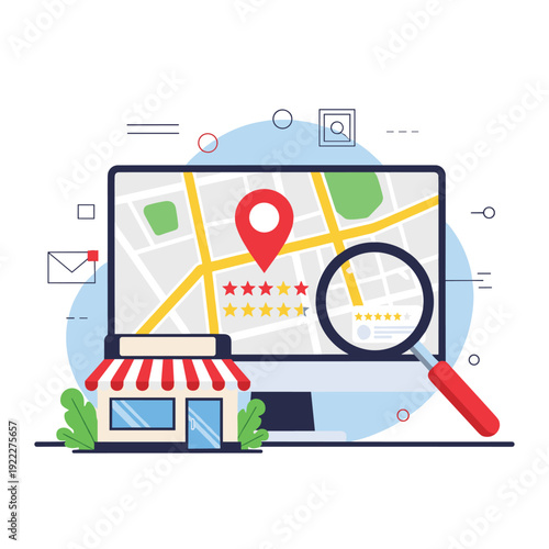 Store building with a red and white awning in front of a computer monitor showing a map with a red location pin.