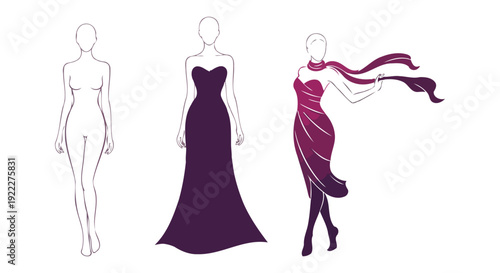 Fashion Design Sketches and Illustrations of Elegant Dresses.