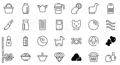 Collection of various line art illustrations representing different objects and items for design.