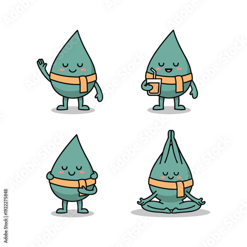 Cartoon water drop characters practicing yoga poses with life jackets on a white background