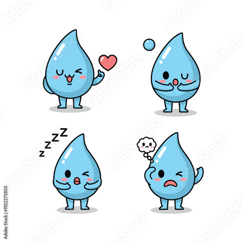 Cute cartoon water drop characters expressing different emotions with simple design