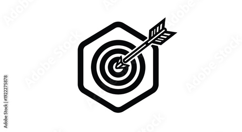 Target icon with arrow hitting bullseye in hexagon frame, minimalist black and white vector symbol for goals and accuracy featuring dart, aim, aiming with goal and objectives elements for objective,