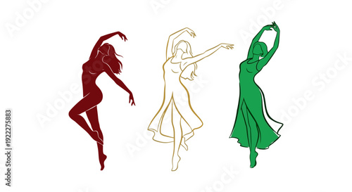 Three elegant dancers in graceful poses.
