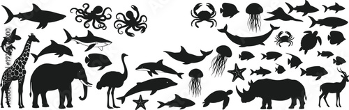 Wild animal and sea creature silhouette icons set, elephant giraffe rhino shark dolphin octopus and fish vector illustrations for nature design,
