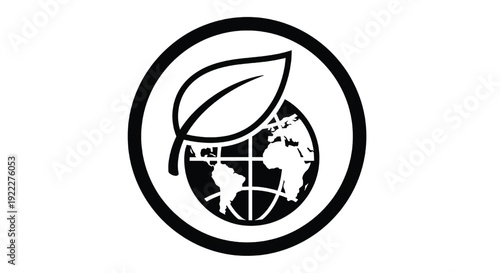 Globe with leaf icon in circular frame, eco friendly sustainability symbol for green energy, environment protection and climate featuring earth, world, ecology with sustainable and renewable elements