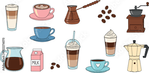 Coffee drink illustration set with latte cappuccino iced coffee moka pot cezve grinder milk and cups in cozy flat hand drawn style for cafe and beverage designs