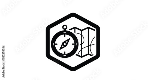 Compass and folded map icon in hexagon frame, minimalist black outline symbol for navigation, travel planning, GPS and orienteering featuring route, directions, orientation with location and