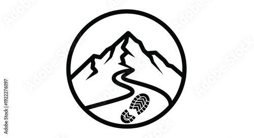 Mountain hiking logo with trail, boot print and peaks in circular badge, black and white outdoor adventure icon design featuring mountains, hiker, path with trekking and trek elements for footprint,