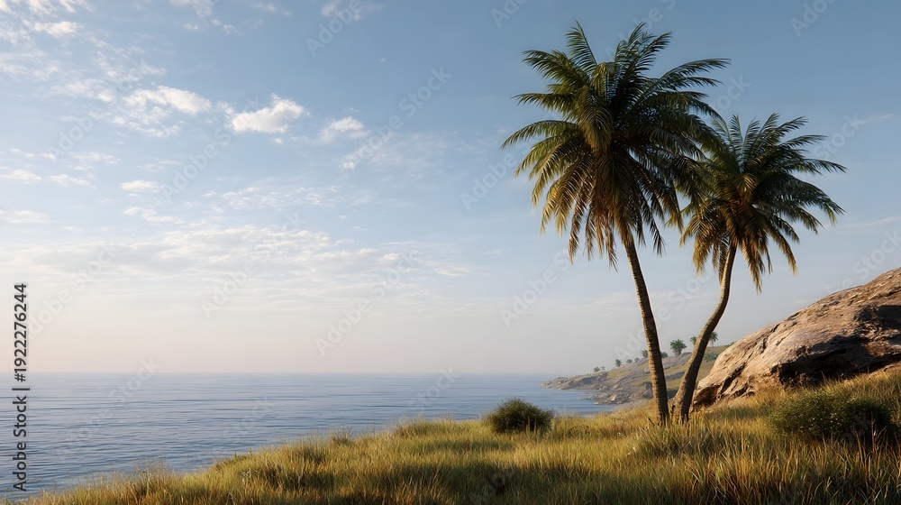 Obraz premium Vast ocean view from a serene tropical coastline with palm trees