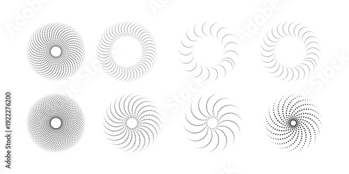 Circular dotted shapes collection showcasing radial motion effects and clean geometric arrangements for contemporary interface graphics and visual design