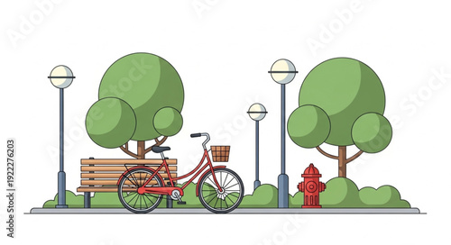 A charming red bicycle parked near a wooden bench and trees in a park setting.