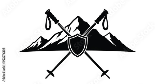 Mountain hiking logo with crossed trekking poles and shield emblem, minimalist black and white outdoor adventure badge featuring mountains, peak, alpine with hiker and trail elements for expedition,