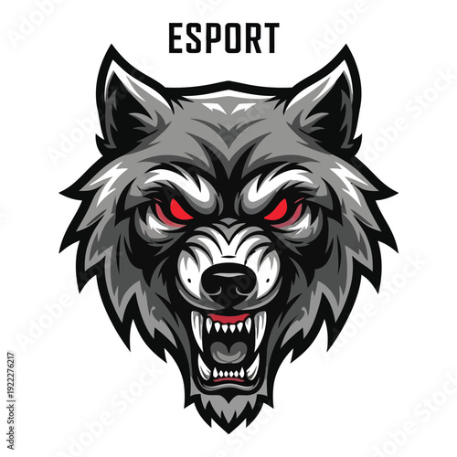 Fierce wolf esport logo with red eyes and sharp teeth