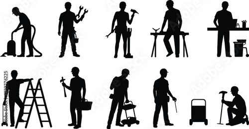 Handyman and maintenance worker silhouettes set, repair service professionals with tools isolated black shadow figures collection