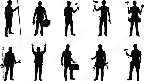 Handyman worker silhouettes collection, repair and maintenance professionals holding tools isolated black shadow figures set