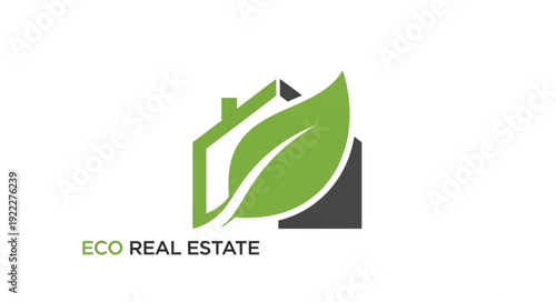 Eco-friendly real estate logo featuring a house and a green leaf, representing sustainable living.