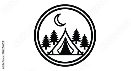 Camping badge icon showing tent in pine forest under crescent moon, minimalist outdoor adventure emblem in black and white featuring camp, campsite, teepee with conifer and wilderness elements for
