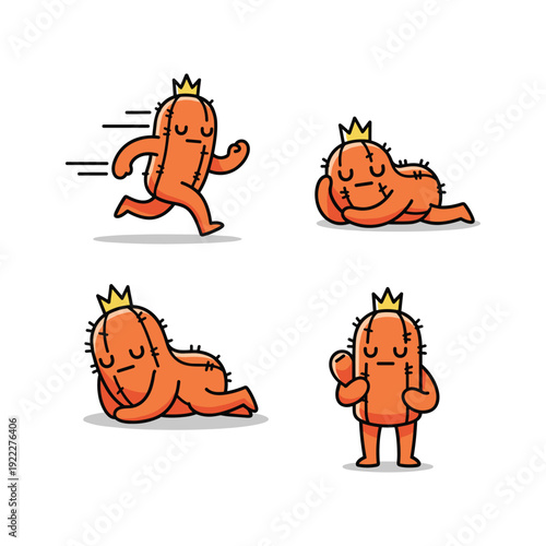 Cartoon carrot character in various poses with crown, funny and playful illustration