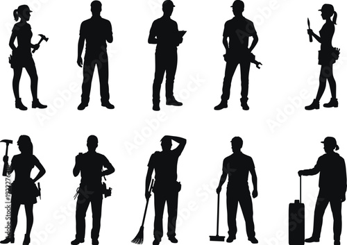 Male and female construction worker silhouettes set, builders with tools isolated black shadow figures collection for design