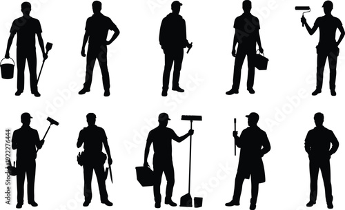 Painter silhouettes, maintenance worker tools, paint roller illustration, brush and bucket art, construction labor concept, handyman design, manual trade professions